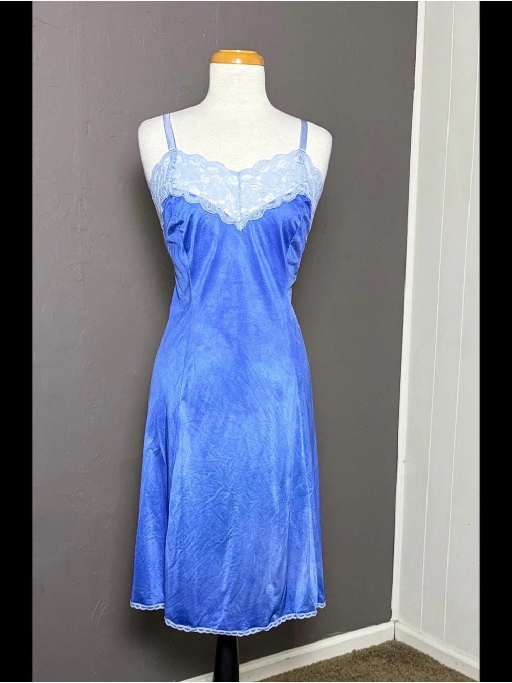 Vintage Full Length Satin Slip Dress with Lace Size Large